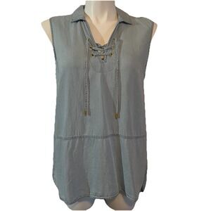 Ellen Tracy Chambray Tunic  Women's XL Lace Up Neckline Sleeveless Coastal Boho